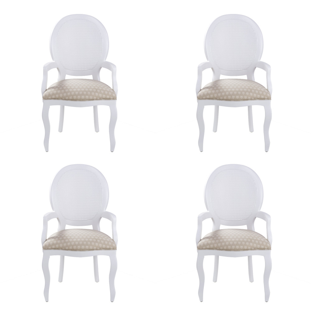 Conjunto 4 Poltronas Medalhão Cor Branco Estofado Linho Arabesco