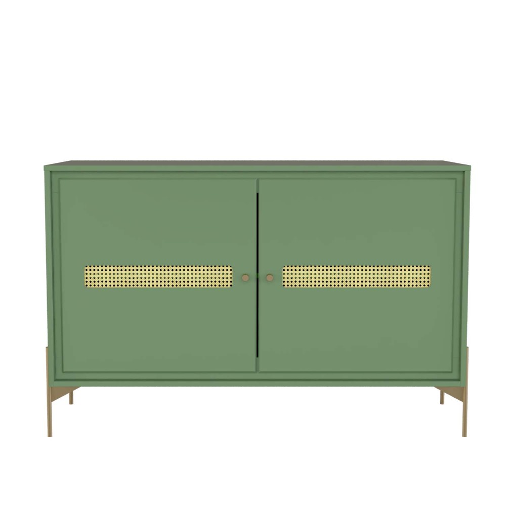 Balcão Buffet Alberty 113 Cm Cor Verde com Portas Detalhe Chanfrado e Palhinha Central