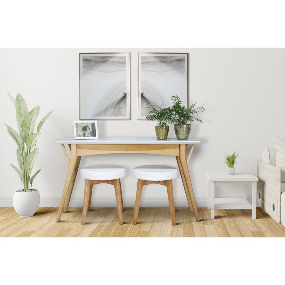 Conjunto Aparador e 2 Banquetas Cor Amêndoa Tampo com Vidro Branco