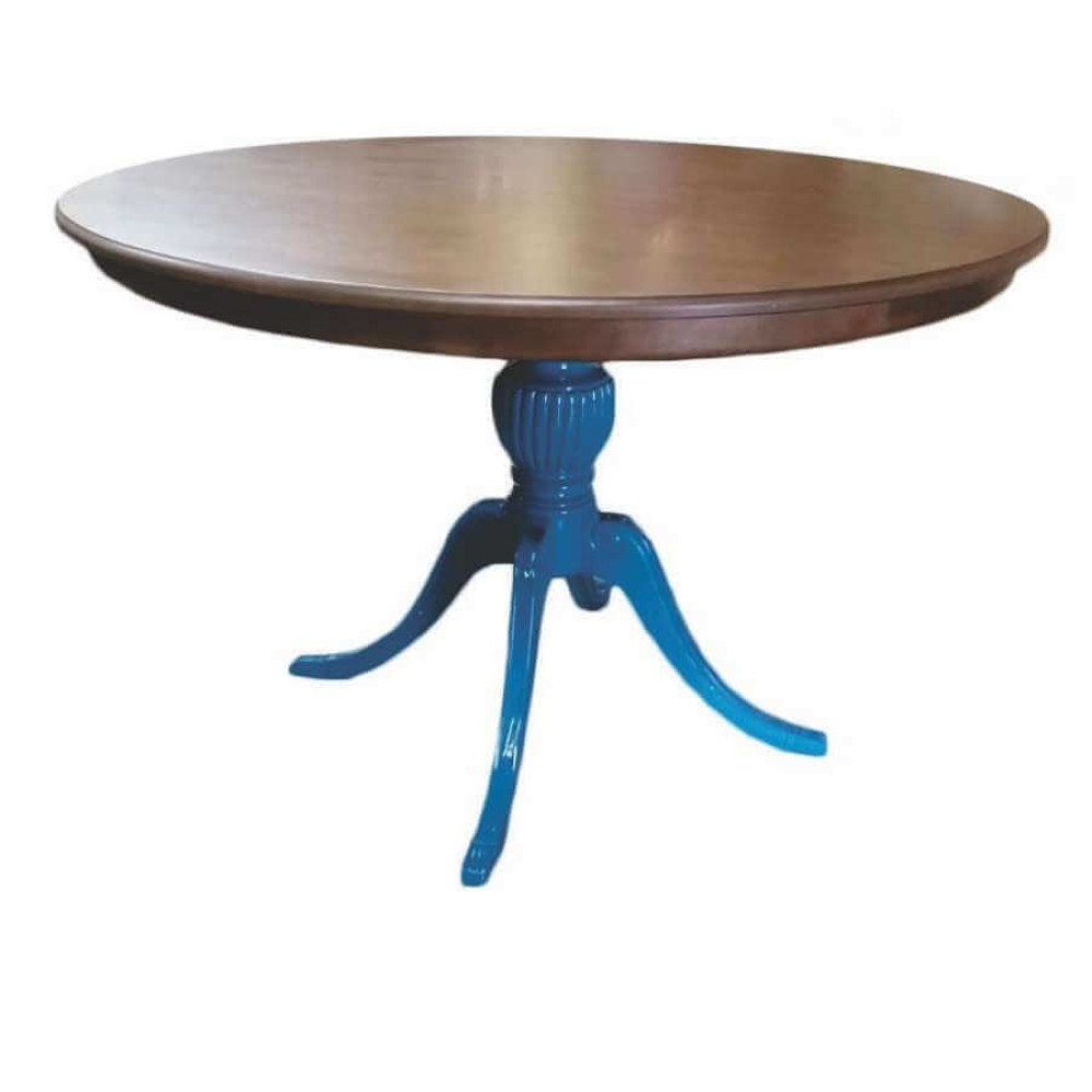 Mesa de Jantar Carla Redonda 140 Cm Base Azul Tampo Imbuia