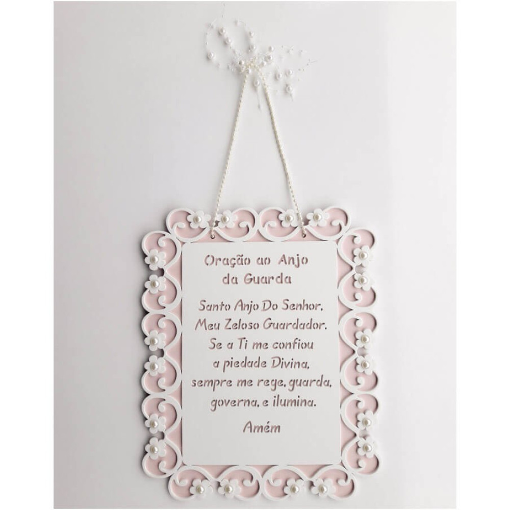 Placa Decorativa de Madeira com Oração Santo Anjo Na Cor Rosa