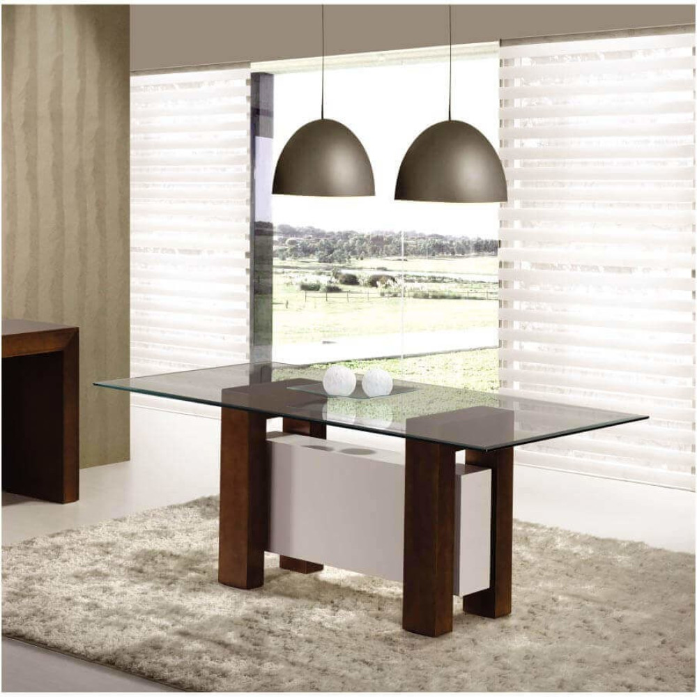 Mesa de Jantar Retangular 200 X 100Cm Topázio Imbuia e Branco Tampo de Vidro