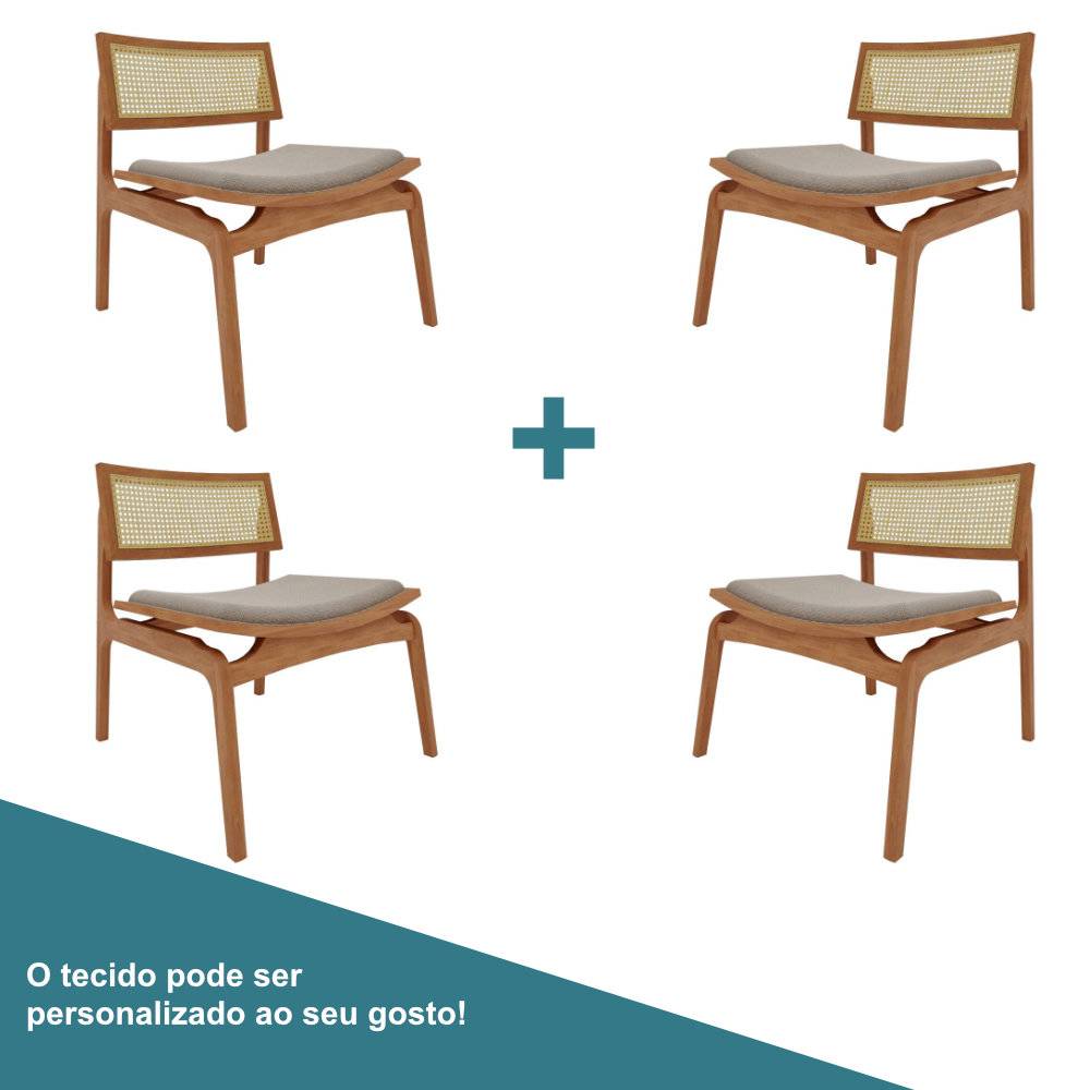 Conjunto 4 Poltronas Suíça Assento Curvo Amêndoa com Palhinha