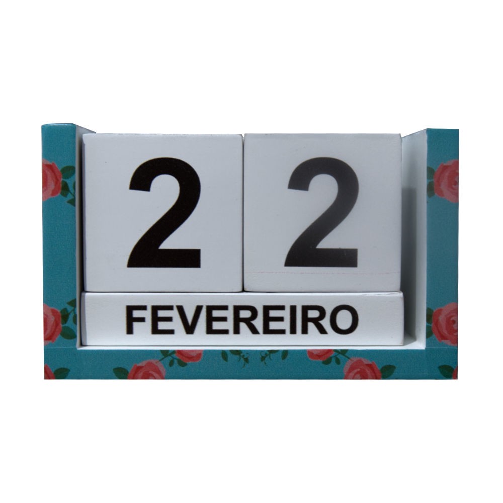 Calendário Decorativo de Madeira Formato de Cubos Azul com Flores