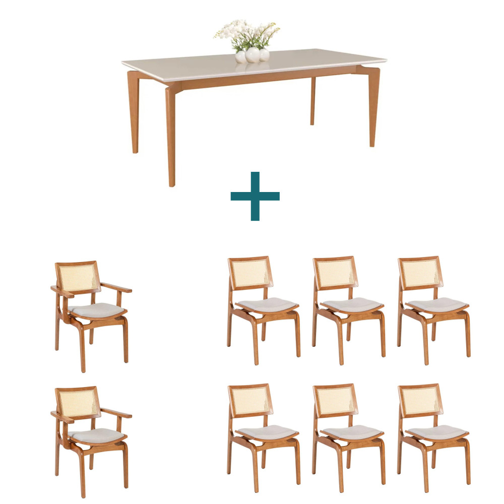 Conjunto Mesa de Jantar 2 Poltronas 6 Cadeiras Palhinha Amêndoa